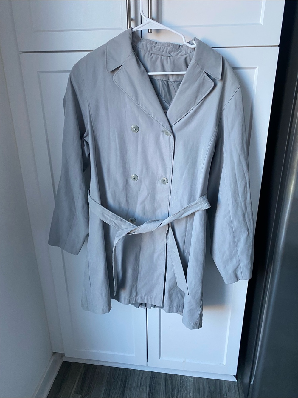 American Bazaar womens trench coat medium gray tie waist outerwear